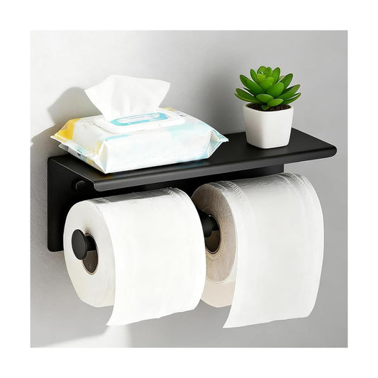 Toilet Paper Holder, NEWRAIN Double Bathroom Toilet Paper Roll Holder with Shelf, Stainless Steel Wall Mounted RV