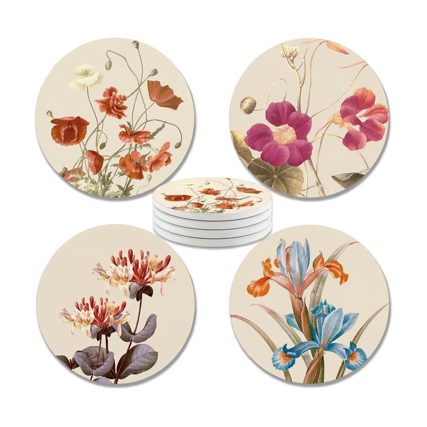 Vintage Floral Ceramic Coaster / F / Set of 4