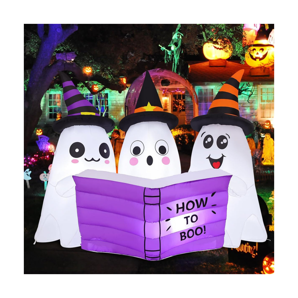 GOOSH 5.2FT Long Halloween Inflatables Ghost Outdoor Decoration Blow Up Yard Cute Ghosts Reading Book with Built-in LEDs for Indoor Party Garden Lawn Holiday Decor