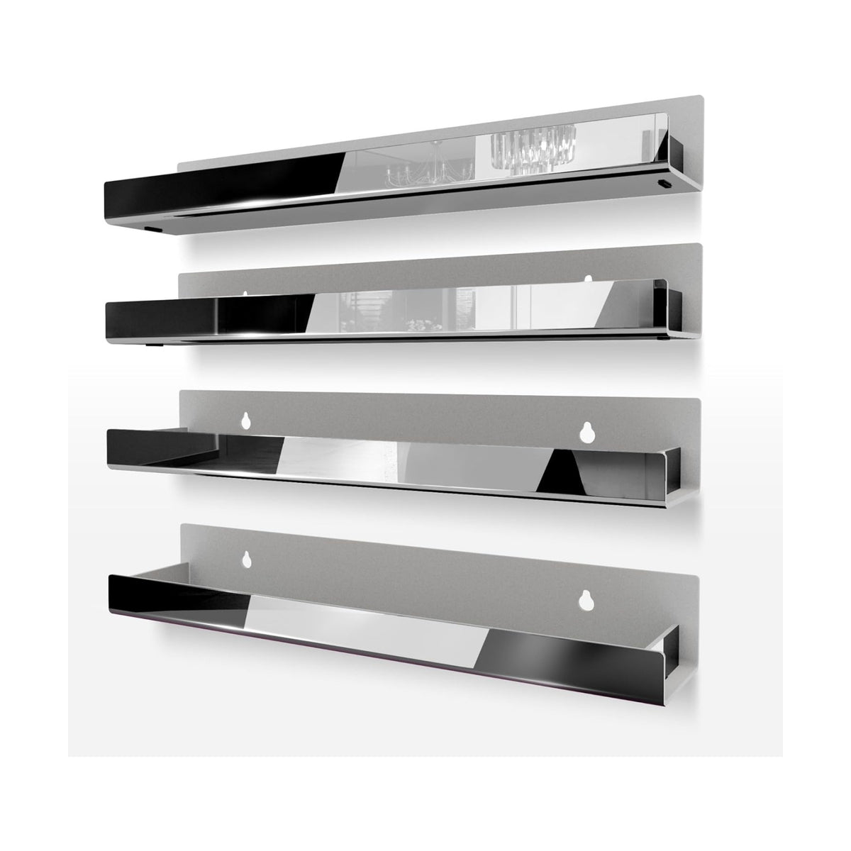 4 Pack 15 Inch Black Reflective Acrylic Floating Wall Shelves | Modern Display Shelf for Sunglasses, Oils, Pictures &