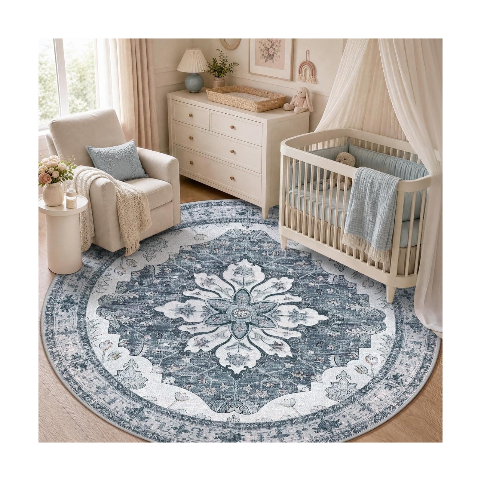 RELEANY Washable Area Rug, Round 5ft, Grey/White/Beige