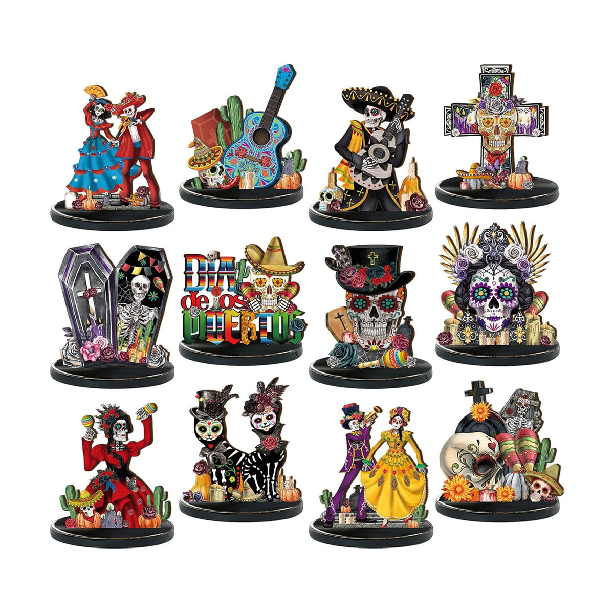 Wesiti 12 Pcs Dia De Los Muertos Table Decorations Wooden Sugar Skull Decor
