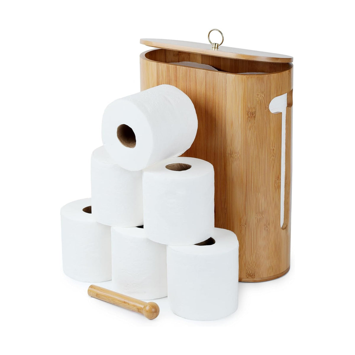 Gobam Bamboo Toilet Paper Storage with Dual-Use Lid, Freestanding Bathroom Tissue Organizer with Viewing Slot, Built-In