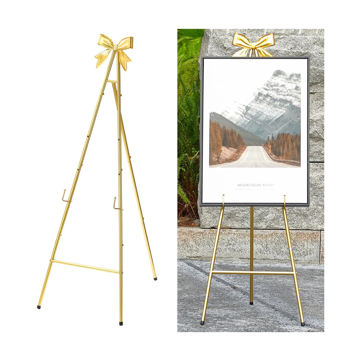 53”H Metal Gold Easel Stand for Sign Heavy Duty with Bow Top | Large Adjustable Display Standing for Wedding Displaying
