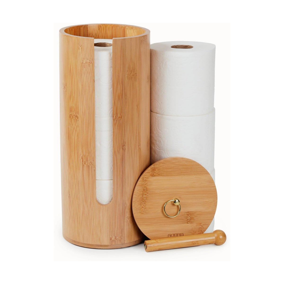 Gobam Bamboo Toilet Paper Storage with Dual-Use Lid, Freestanding Bathroom Tissue Organizer with Viewing Slot, Built-In