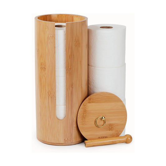 Gobam Bamboo Toilet Paper Storage with Dual-Use Lid, Freestanding Bathroom Tissue Organizer with Viewing Slot, Built-In