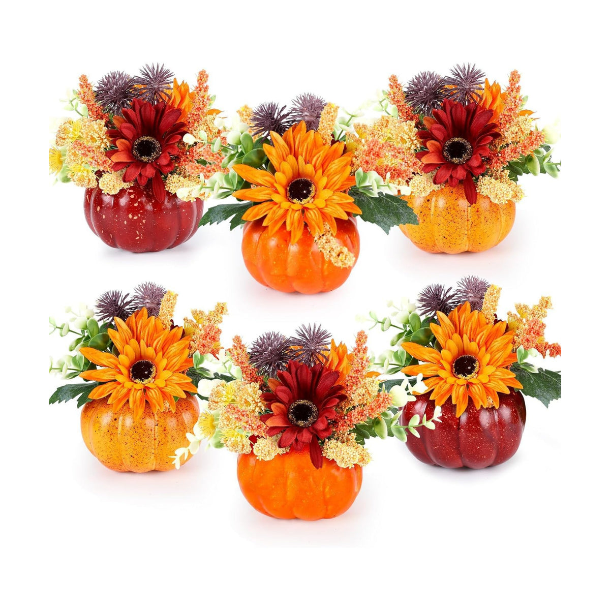 Set of 6 Mini Fall Pumpkin with Artificial Flower Decorations Thanksgiving Sunflower Centerpieces for Tables Harvest Fall Table Floral Decor Autumn Fireplace Mantle Living Room Home Kitchen Party