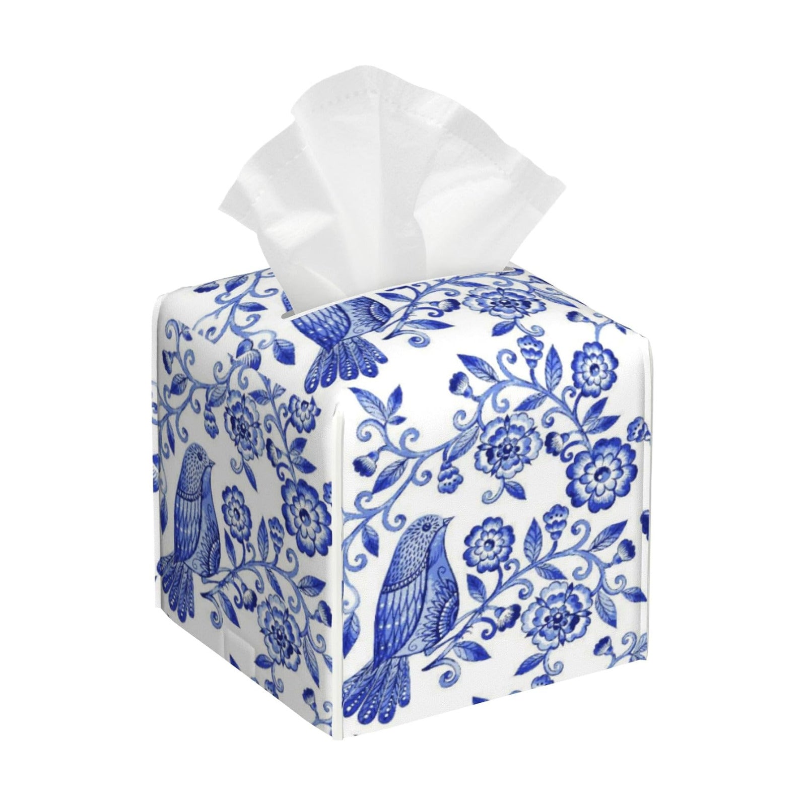 Leather Tissue Holder / Watercolor Floral / Blue