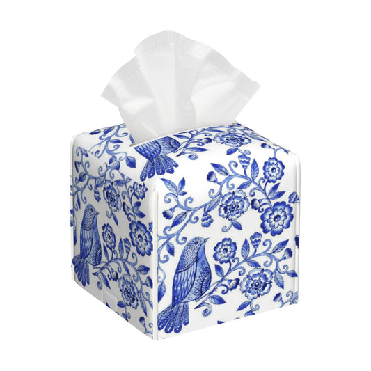 Leather Tissue Holder / Watercolor Floral / Blue