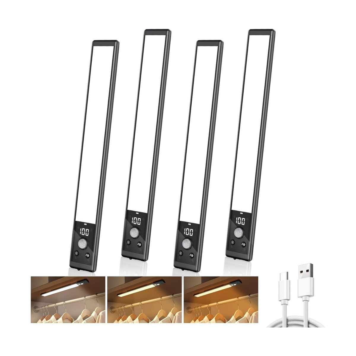 Mpotmiy 4-Pack 10" Wireless Under Cabinet Lights with Digital Display | Rechargeable motion sensor lights with magnetic