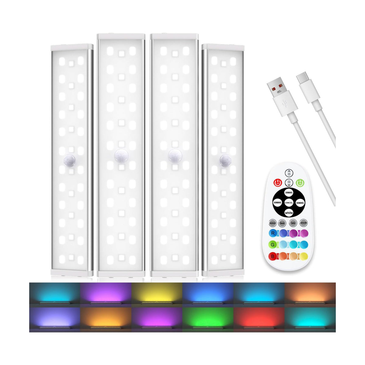 Under Cabinet Lighting Wireless, RGB LED Closet Lights, 4 Pack | 58 LEDs,Rechargeable Motion Sensor Light Indoor