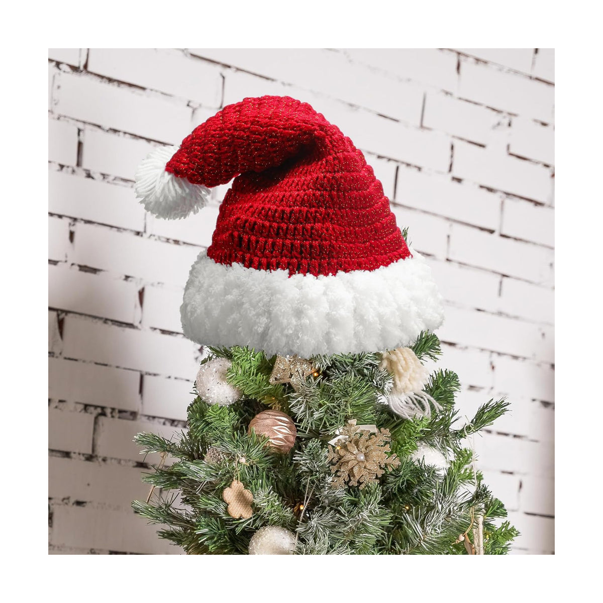 Syhood Christmas Tree Topper Red Crochet Santa Hat Farmhouse Holiday Xmas Decor for Christmas Tree Ornament Party Decoration