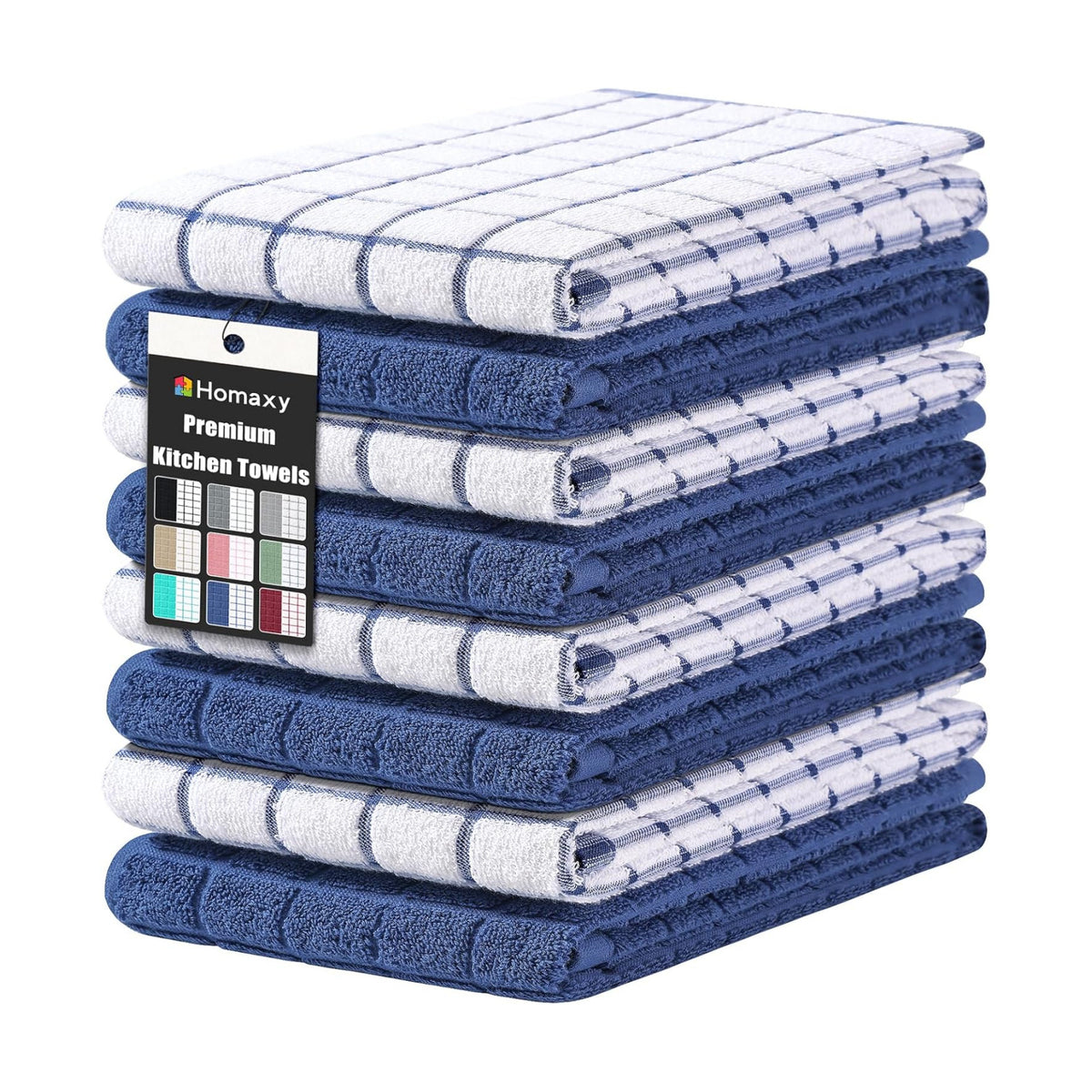 Homaxy Large Premium Cotton Kitchen Towels 16"x 28", 8 Pack, Navy Blue | Natural Ring Spun 390 GSM Dish Towels, Super