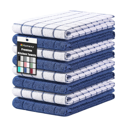 Homaxy Large Premium Cotton Kitchen Towels 16"x 28", 8 Pack, Navy Blue | Natural Ring Spun 390 GSM Dish Towels, Super