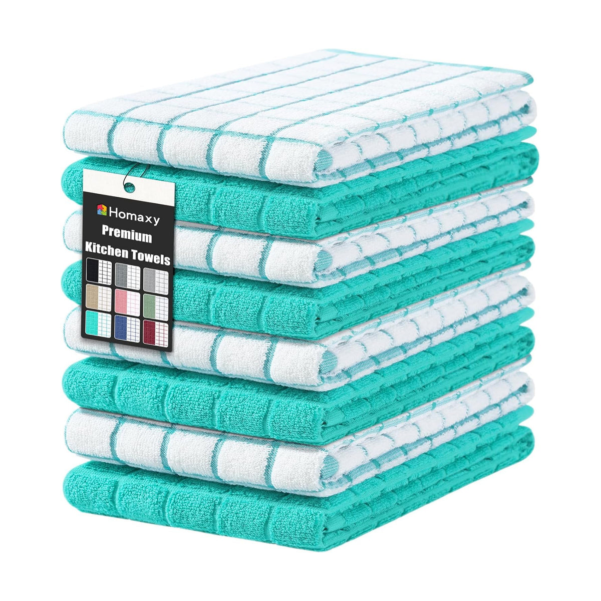 Homaxy Large Premium Cotton Kitchen Towels 16"x 28", 8 Pack, Aqua | Natural Ring Spun 390 GSM Dish Towels, Super