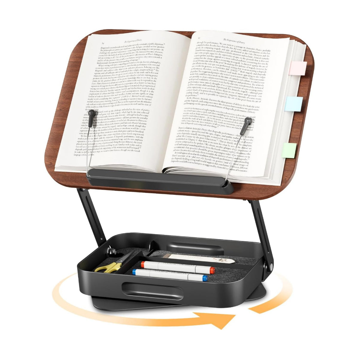 Adjustable Book Stand with Storage Drawer, 360° Rotating Book Holder, Height & Angle Adjustable, Extra-Wide Page Clips