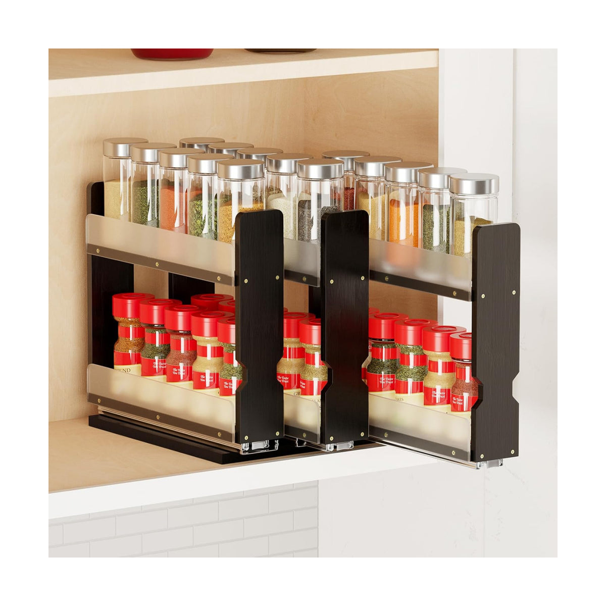 SpaceAid Bamboo Pull Out Spice Rack Organizer for Cabinet, Heavy Duty Slide Out Seasoning Kitchen Pantry Sliding