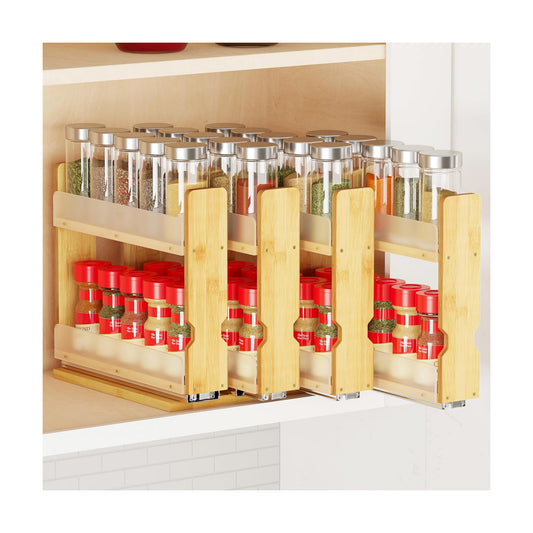 SpaceAid Bamboo Pull Out Spice Rack Organizer for Cabinet, Heavy Duty Slide Out Seasoning Kitchen Pantry Sliding