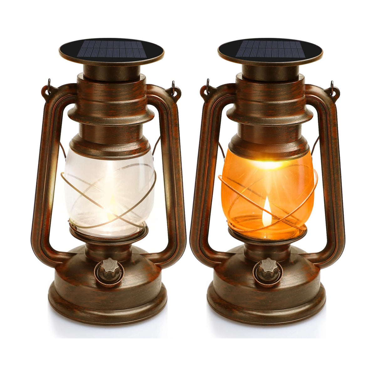 2 Pack Vintage Hanging Solar Lanterns Outdoor, IP65 Waterproof | 2 Modes (Steady & Flickering), Auto On/Off - Rustic