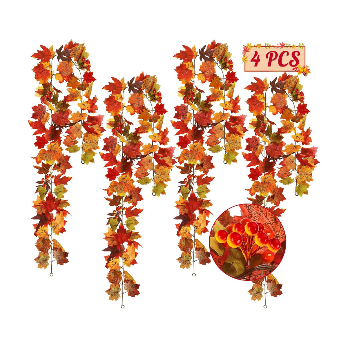 4Pack 23.6FT Red Fall Garland with Berries Maple Leaves for Autumn Decor