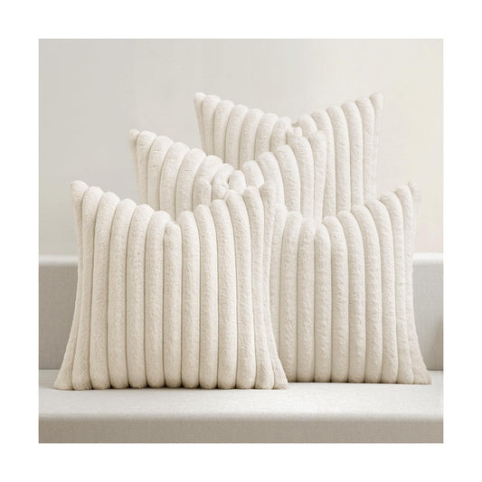 Faux Fur Plush Decorative Throw Pillow Covers / 18 x 18 / Cream White / Set of 4
