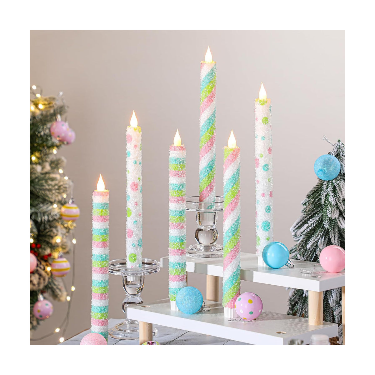 Baquler 6 Pcs Christmas Candyland Theme Flameless Taper Candles 10.6 Inch