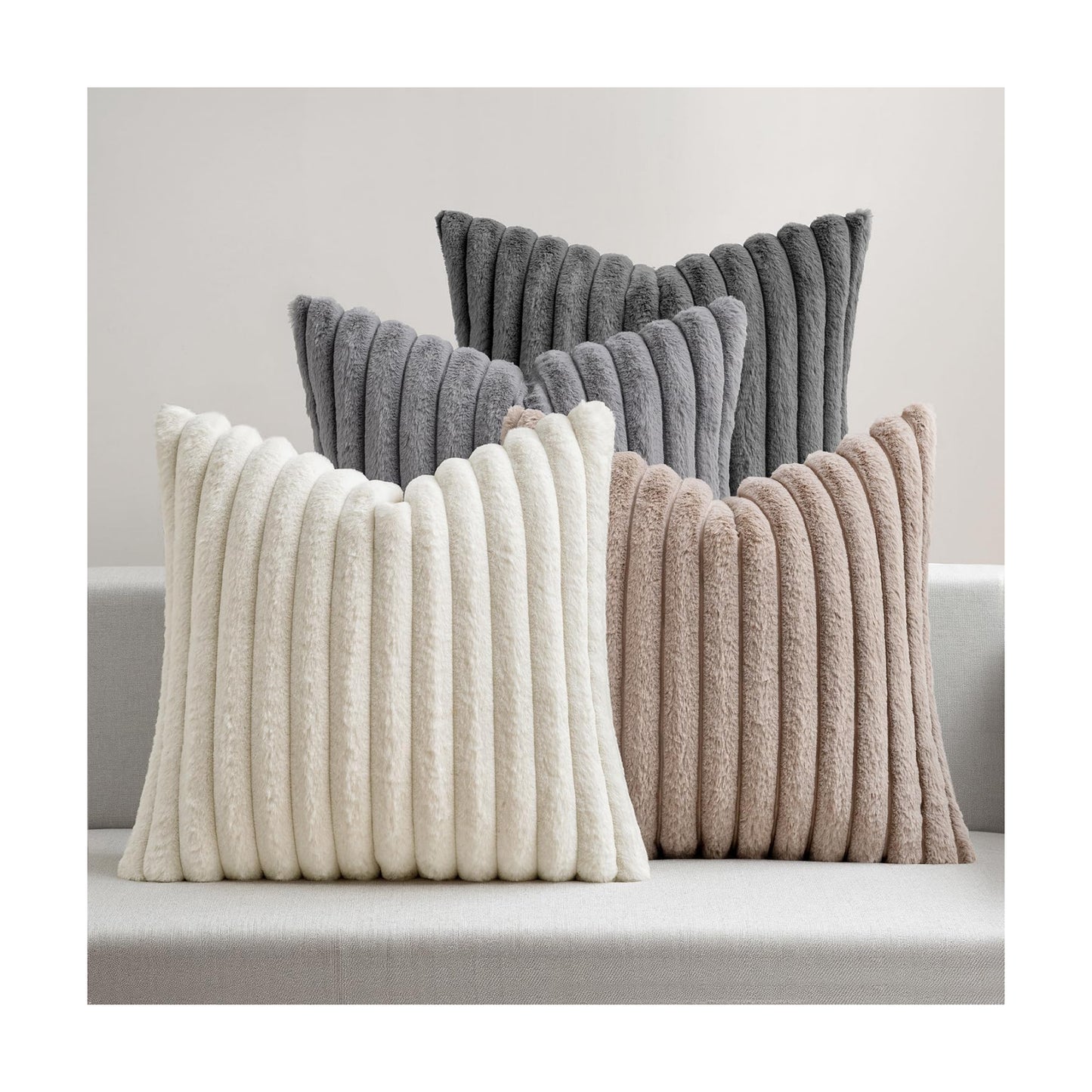 Faux Fur Plush Decorative Throw Pillow Covers / 18 x 18 / Grey Taupe / Set of 4