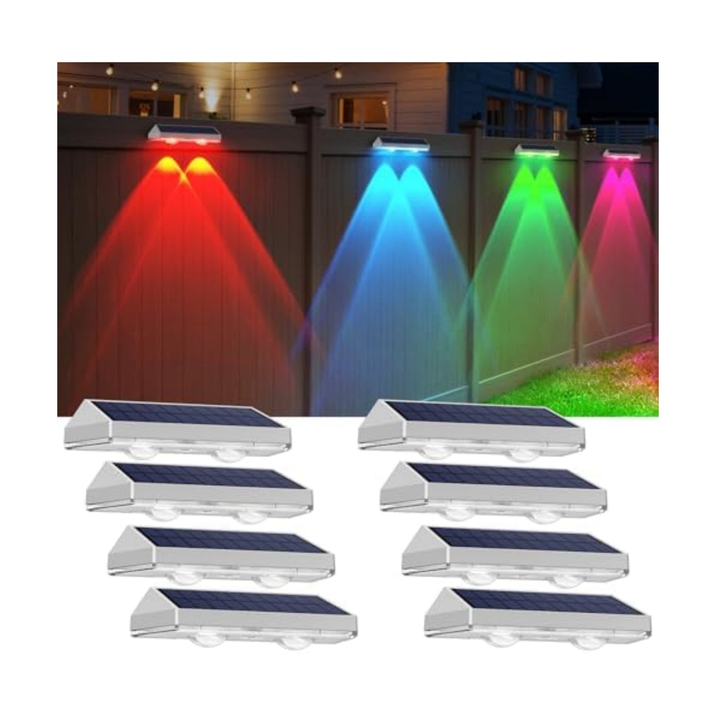 8 Pack Solar Fence Lights Outdoor - Warm White & RGB 6 Color, Dusk to Dawn Deck Light, Solar Powered Light Outdoor IP65