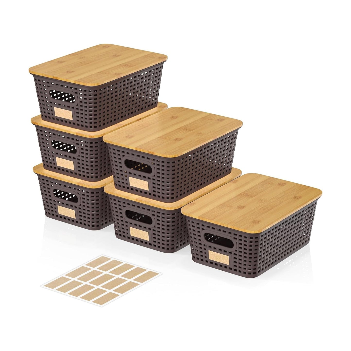 Storage Bins / Stackable Plastic Storage Basket / Brown / Set of 6