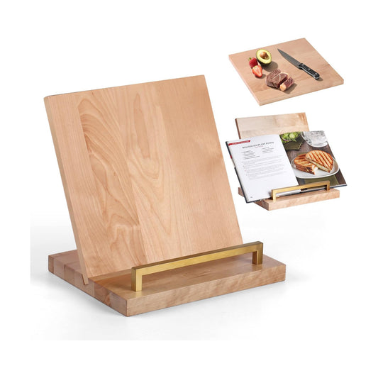 Wooden Recipe Book Holder& Kitchen Serving Tray for Kitchen Counter Decor | Wood Cookbook Stand with Removable Cutting