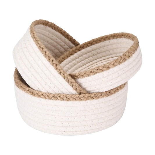Small Cotton Rope Storage Basket Set / White & Jute / Set of 3