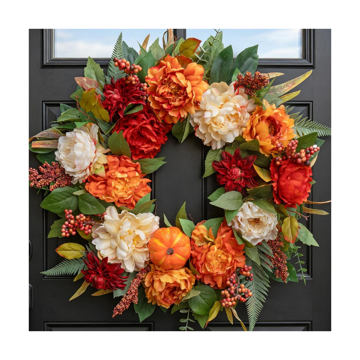 24 InchFall Wreaths for Front Door Autumn Wreath with Peony, Pumpkins