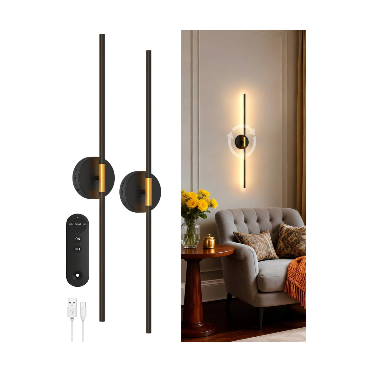 GOODEA Peel and Stick Wall Sconces, Battery Operated Wall Sconces Set of 2 | 28.3 inch LED 3000K Rechargeable &
