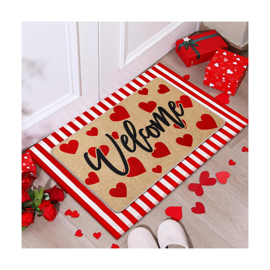 Tinideya 2 Pcs Valentine's Day Doormats Welcome Outdoor Red Heart Door Mats Layered Front Door Rugs Non Slip Floor Mats for Porch Entryway Outdoor