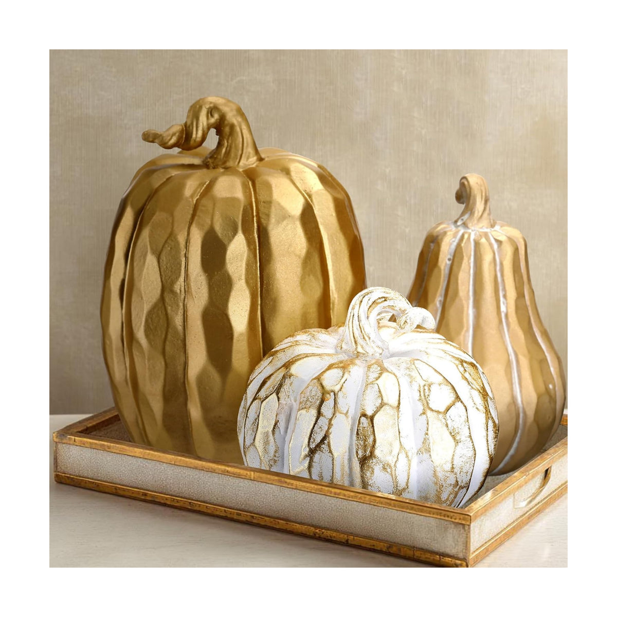 VioraWhite 3 Pack Fall Pumpkin Decor White Gold Resin Pumpkin Figurine