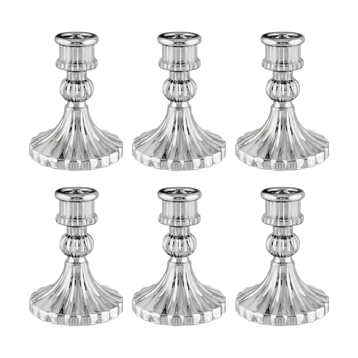 Silver Glass Candlestick Holders, Taper Candle Holders, Set of 6