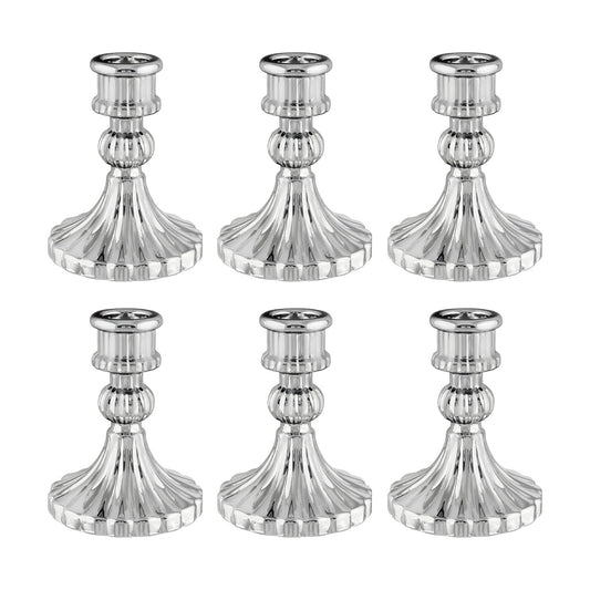Silver Glass Candlestick Holders, Taper Candle Holders, Set of 6