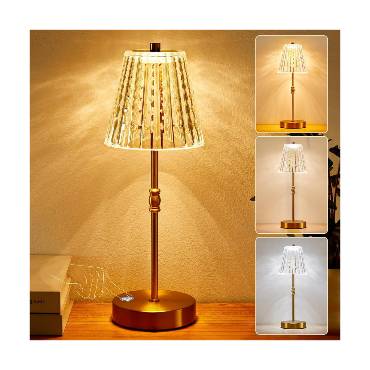 Cordless Crystal Lamp Battery Operated Touch Dimming 5000mAh Table Lamps | 3 Colors Modes, Rechargeable LED, Sepless
