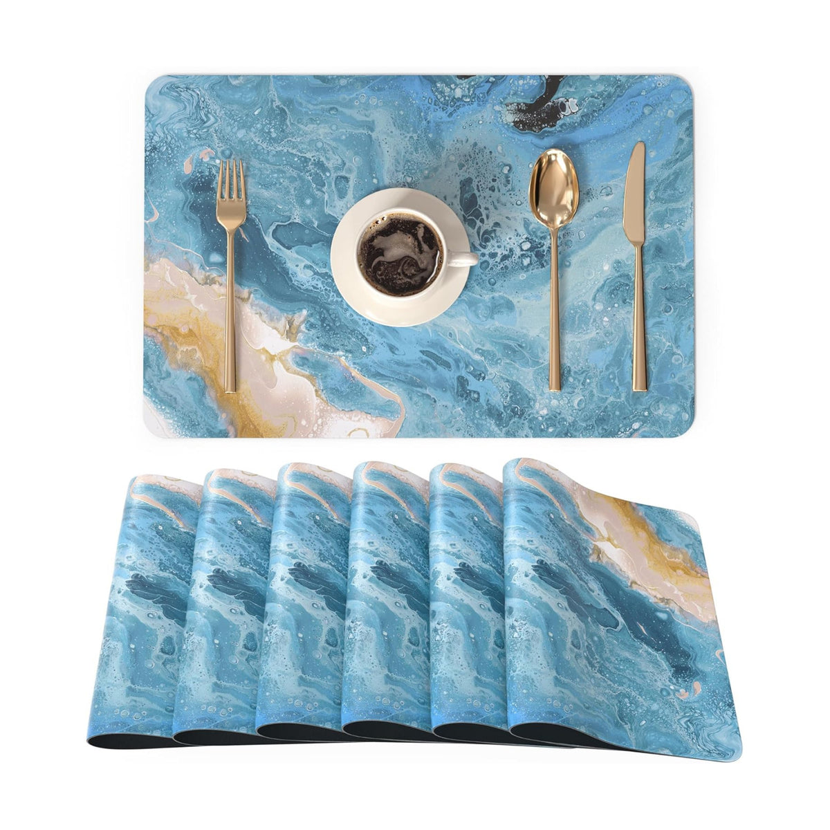 QIYI PU Leather Placemats Set of 6, 12"x18" Waterproof Table Mats, Seafoam | Faux Leather, Heat Resistant, Anti Slip