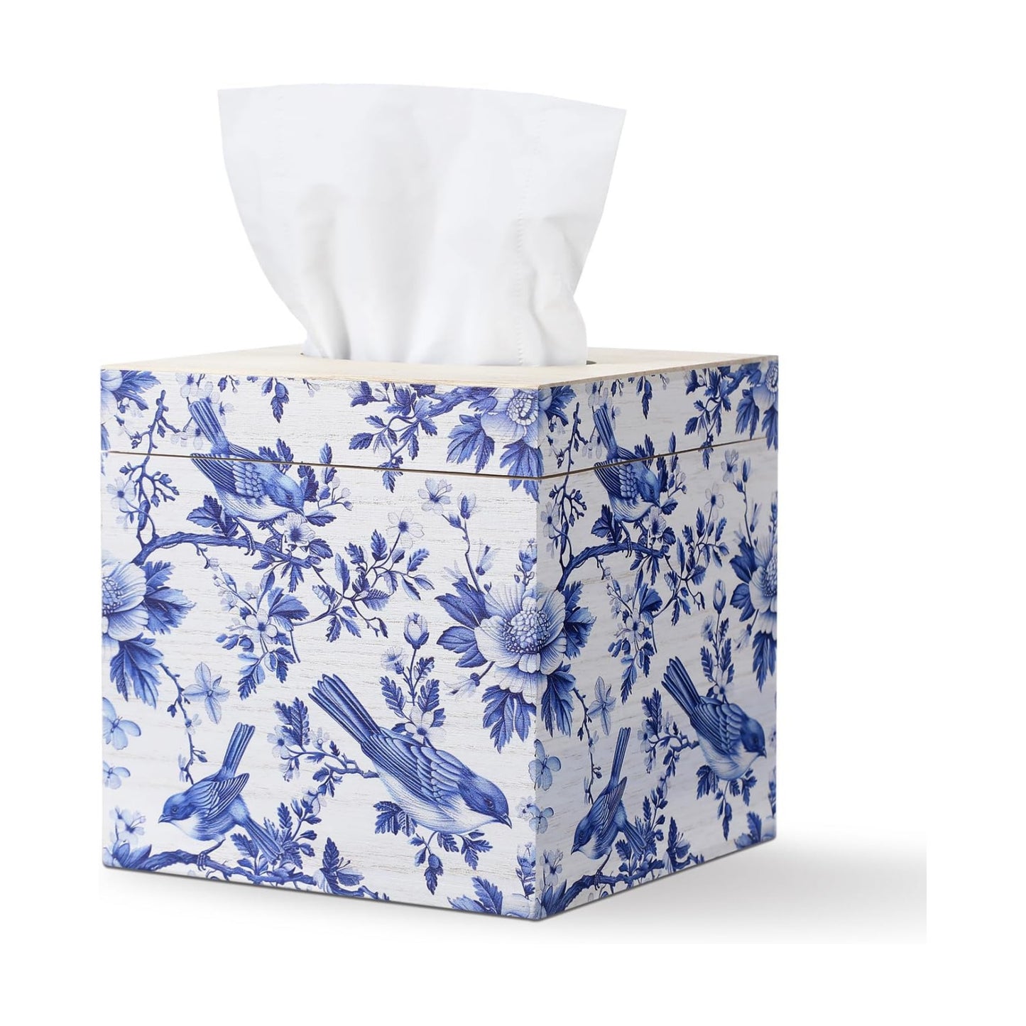 Tissue Box Cover Wooden Floral Bird Vintage Square / Blue and White / Traditional Design / 6 x 6 x 6