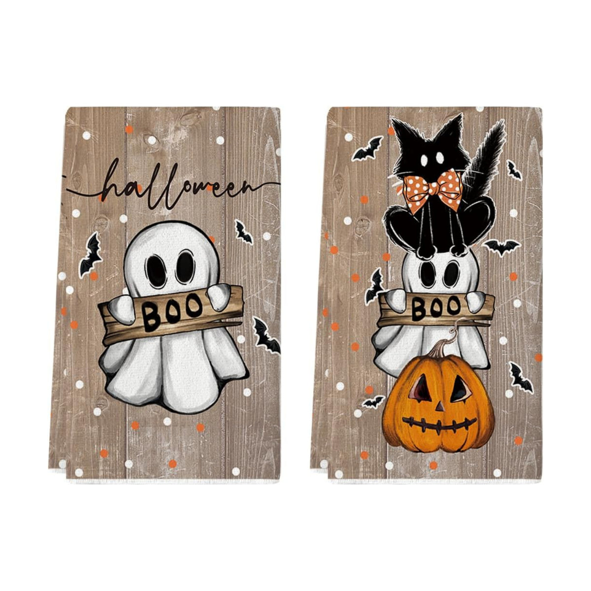 Artoid Mode Wood Cat Ghost Halloween Kitchen Towels Set of 2 18x26 Inch
