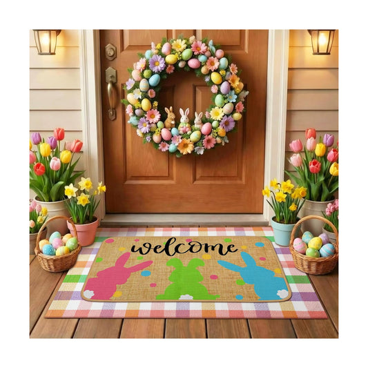 Tinideya 2 Pcs Easter Bunny Doormats Welcome Outdoor Spring Rabbit Door Mats Layered Front Door Rugs Non Slip Floor Mats for Porch Entryway Outdoor
