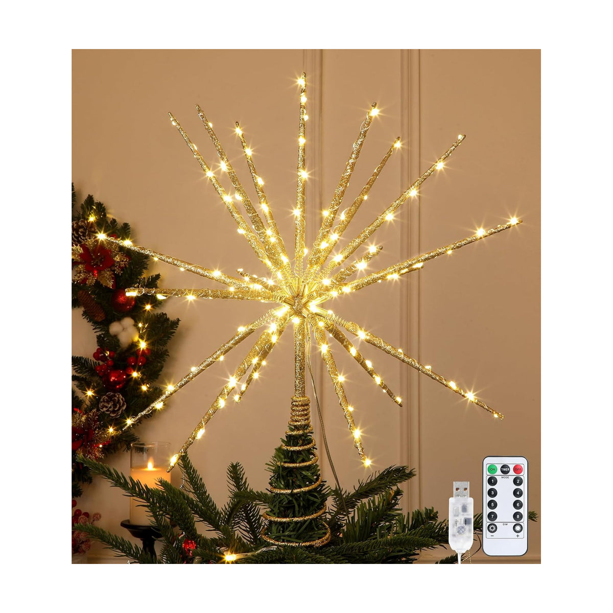 15-Inch Starburst Christmas Star Tree Topper with 150 LEDs & Remote, Gold
