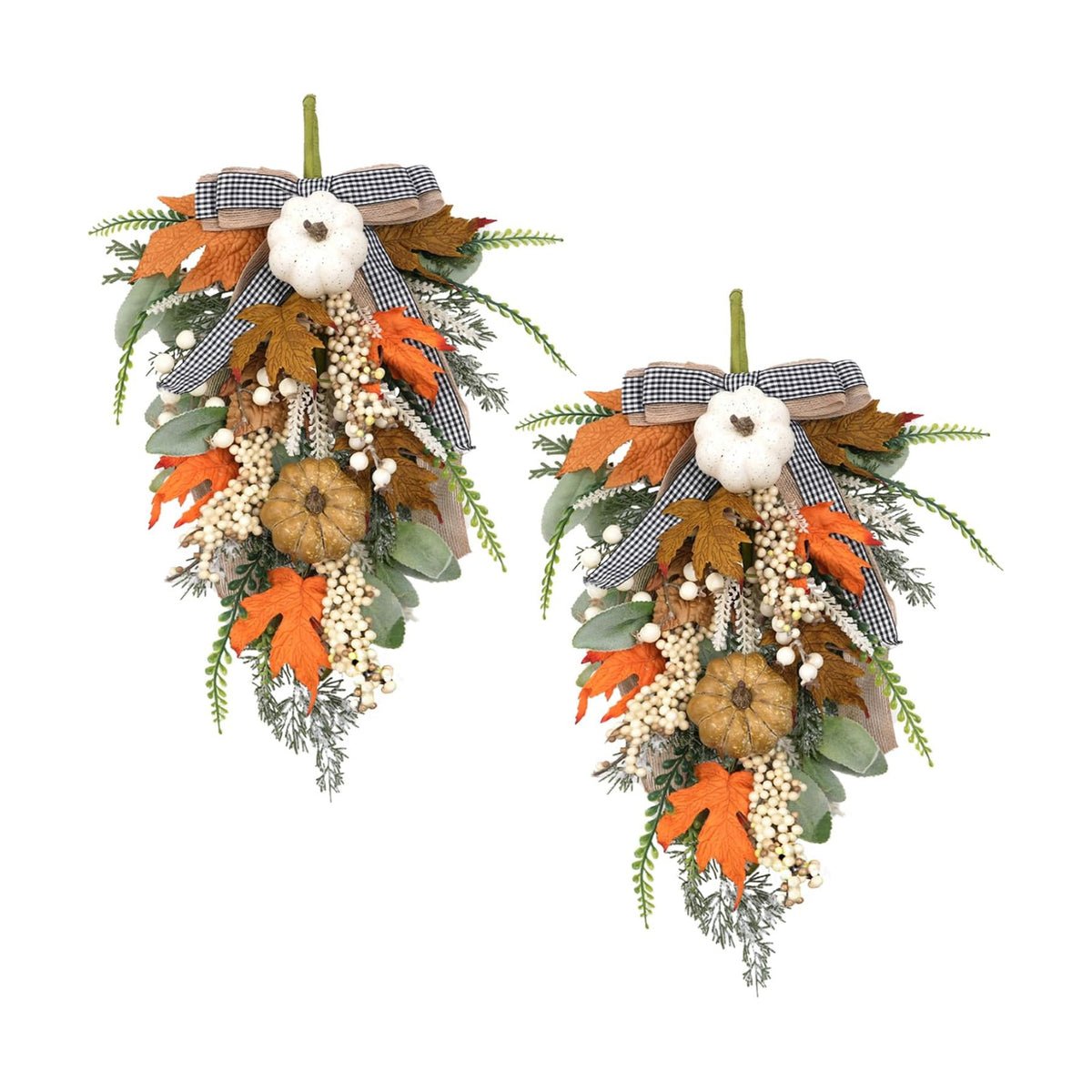 2PCS Fall Teardrop Swags 20inch Thanksgiving Wreath, Eucalyptus Berries Pumpkins Lamb Ears Leaves Autumn Wreaths for Front Door, Fall Decor, Porch Wall, Home Outdoor Holiday Decorations (C)