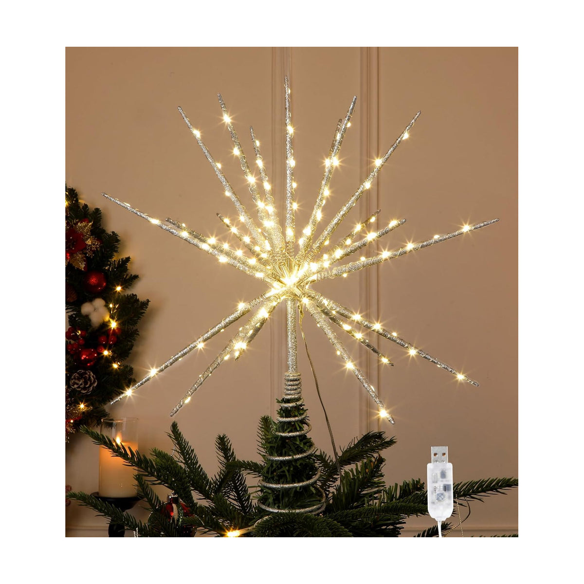 15-Inch Starburst Christmas Star Tree Topper with 150 LEDs & Remote, Silver