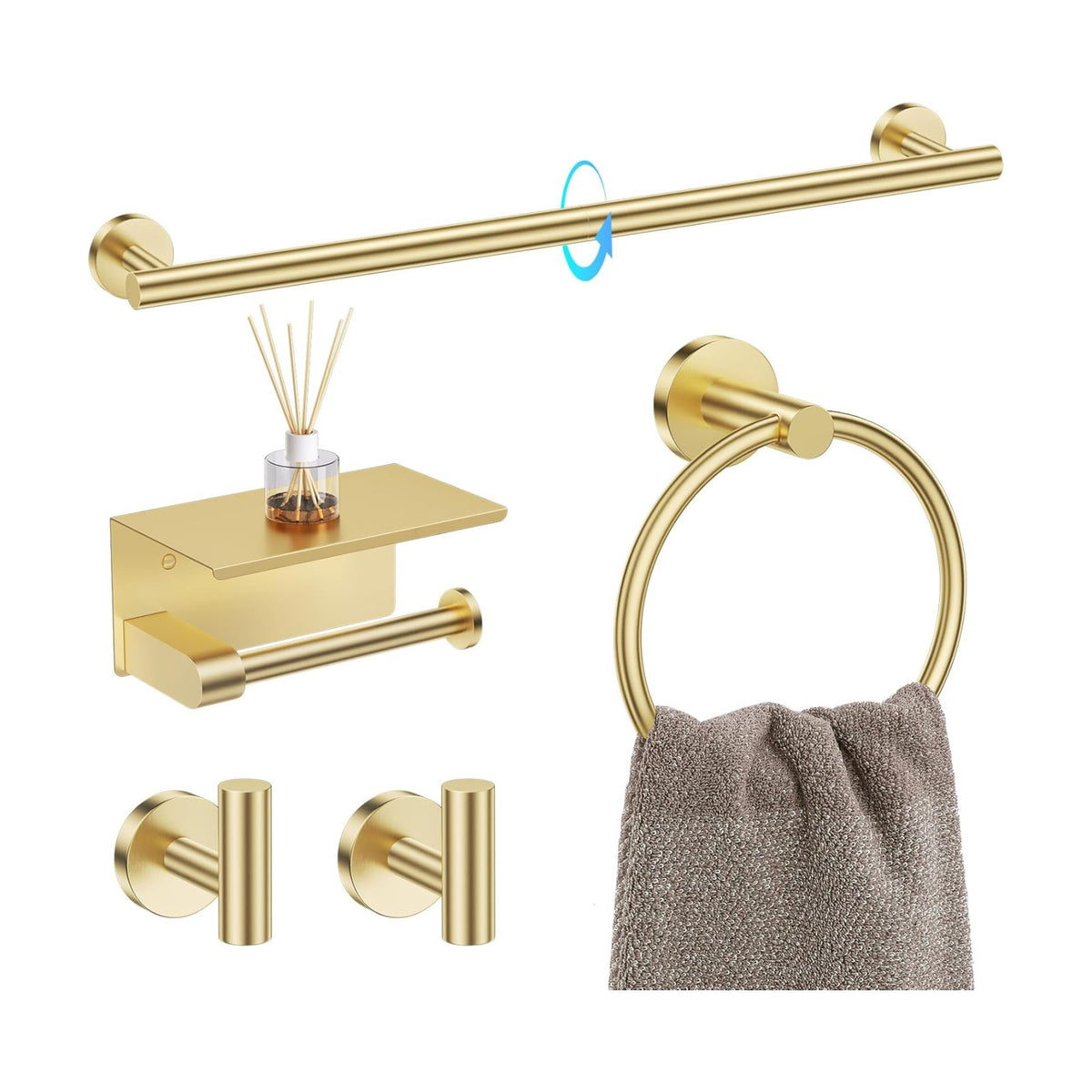 TQKAG 5 Piece Bathroom Hardware Set, Brushed Gold Bathroom Accessories | SUS304 Stainless Steel, 23.6" Brushed Gold
