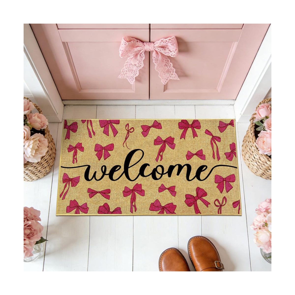 Pink Bow Doormat Welcome Entrance Bowknot Door Mat Outdoor Rug Front Door