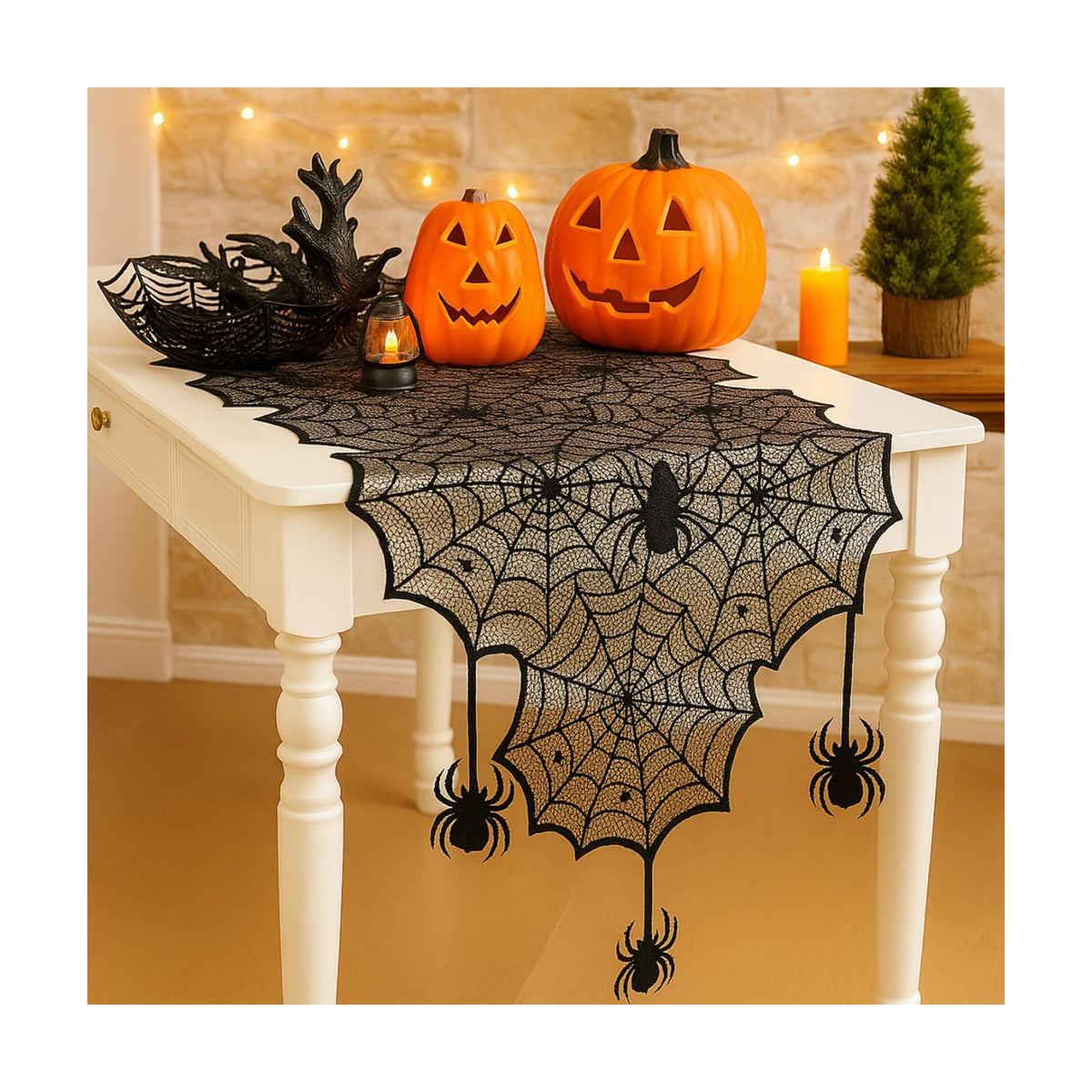 18 x 72 Inch Halloween Table Runner Black Lace Spider Web Decor