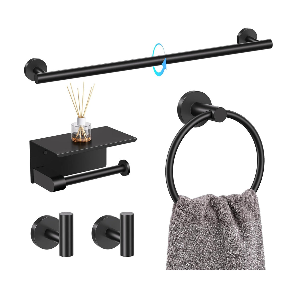 TQKAG Bathroom Hardware Set Black, 5 Piece Bathroom Towel Bar Holder Sets | SUS304 Stainless Steel, 23.6" Toilet Paper