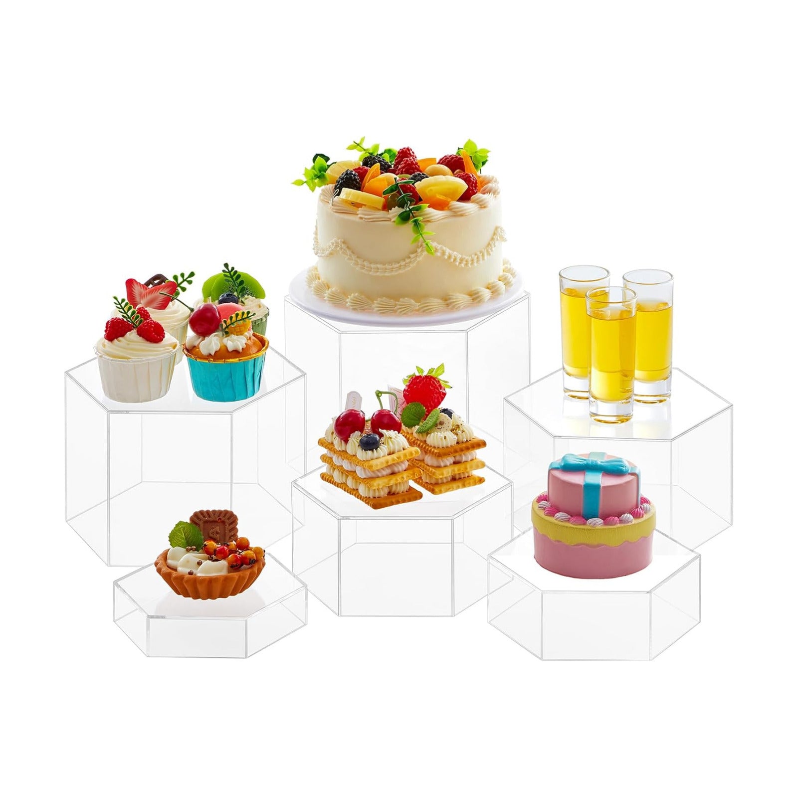 Acrylic Buffet Risers Stands for Food Display Cubes Box / Clear / 5.5 To 8 Inch / Hexagonal / 8 Inch
